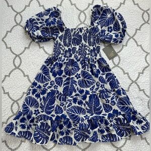 Lark + Grey Blue and White Tropical Print Smocked Ruffle Tiered Dress Women’s S